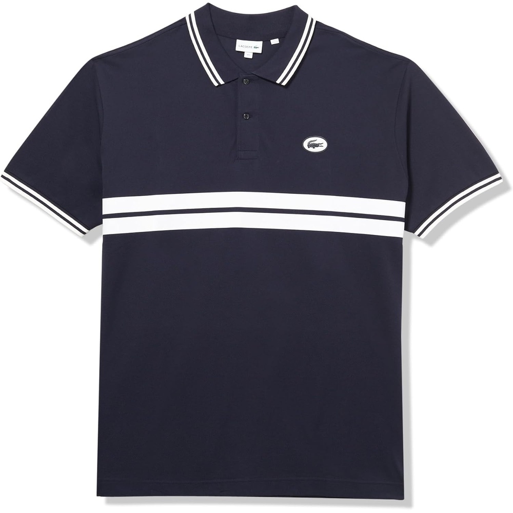 image:imageLacoste Mens Tall Fit L1212 Short Sleeve Classic Fit Striped PoloAbysmFlour
