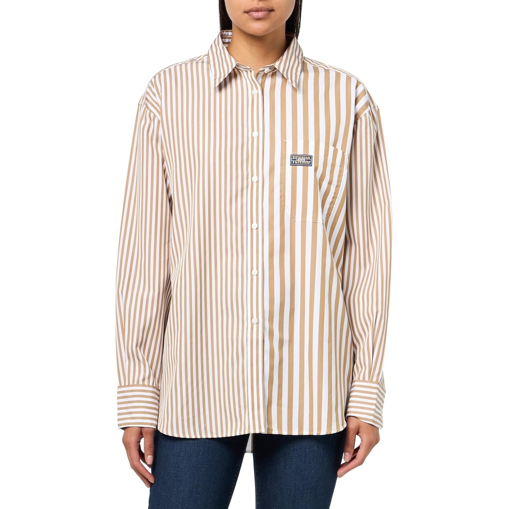 image:imageLacoste x Bandier Womens Cotton Striped Regular Fit Button Down ShirtBeige White