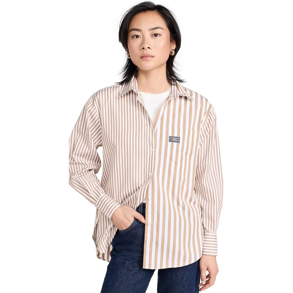 image:imageLacoste x Bandier Womens Cotton Striped Regular Fit Button Down ShirtBeigeWhite