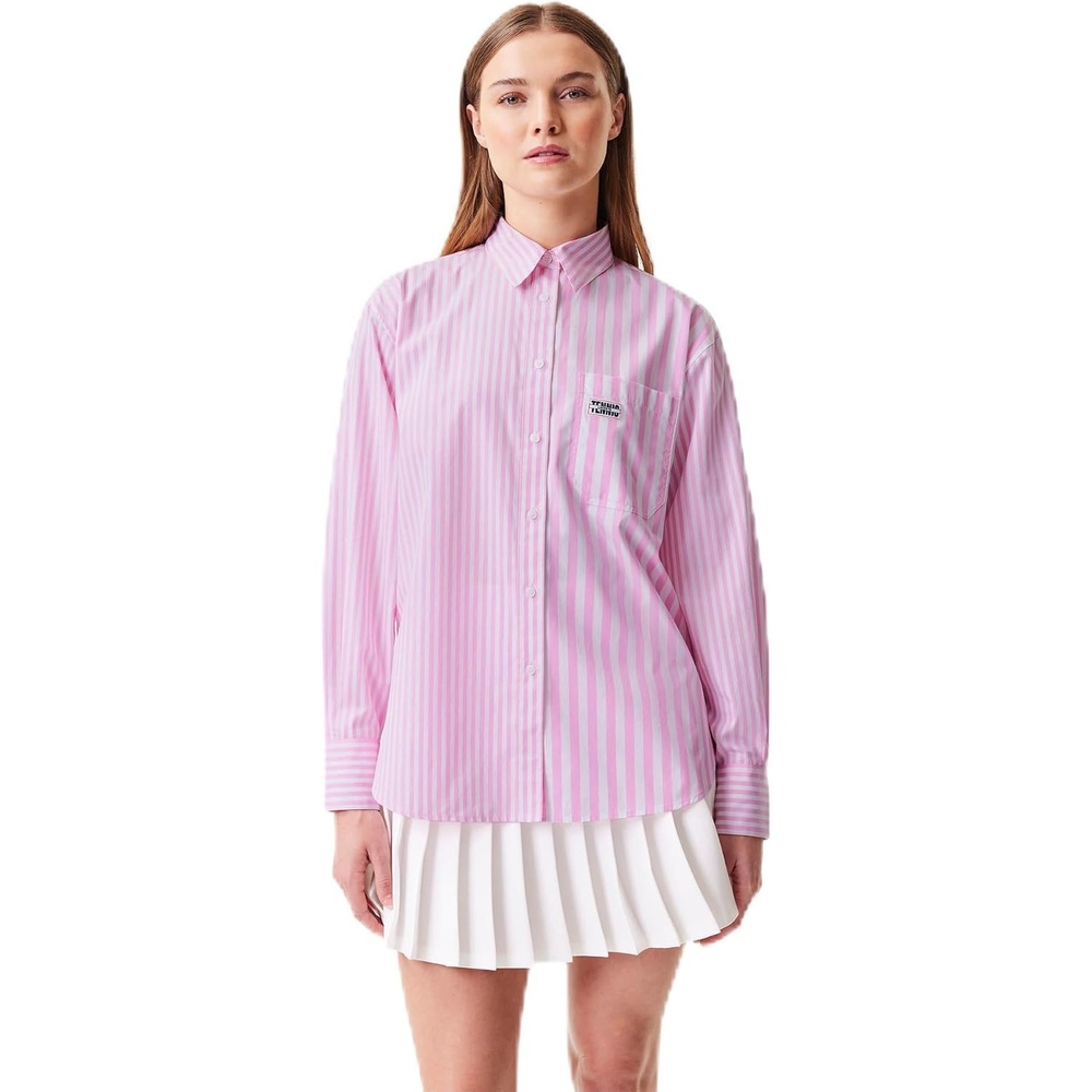 image:imageLacoste x Bandier Womens Cotton Striped Regular Fit Button Down ShirtPinkWhite