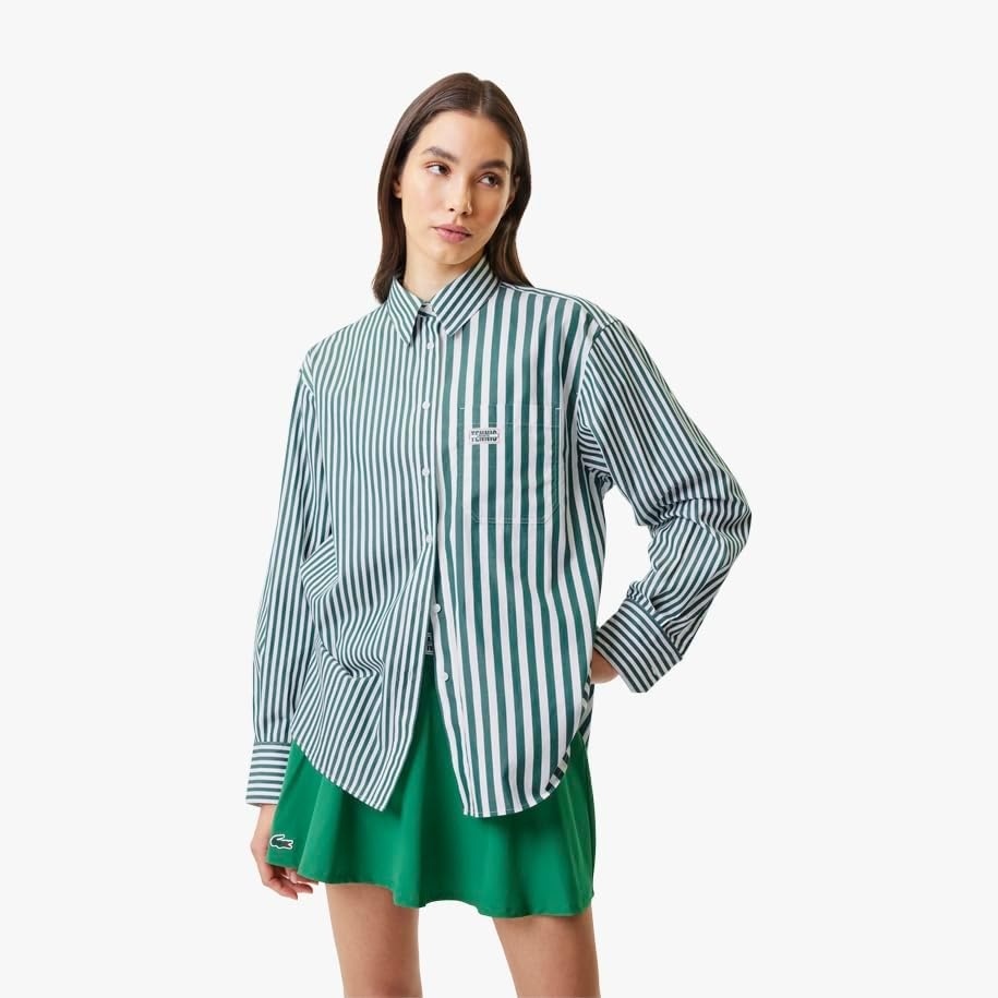 image:imageLacoste x Bandier Womens Cotton Striped Regular Fit Button Down ShirtRocket GreenWhite