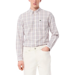 Lacoste Men’s Check Print Stretch Shirt(White  Flamingo  & Red)