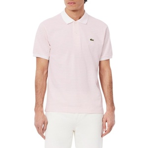 Lacoste Men’s Classic Fit L.12.12 Striped Petit Piqué Polo Shirt(White & Flamingo)