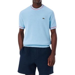 Lacoste Men’s Classic Fit Stripe Detail Knit T-Shirt(Overview Blue  Red  & Off White)