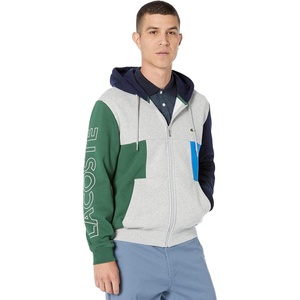 Lacoste Men’s Colorblock Zippered Fleece Hoodie(Silver Chine/Green)