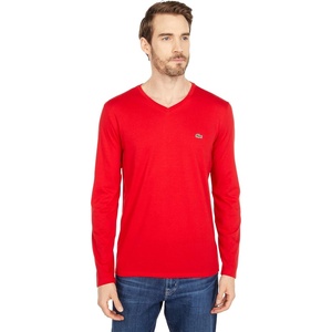Lacoste Men’s Long Sleeve Lightweight Cotton Pima V-Neck T-Shirt(Red)