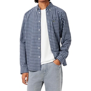 Lacoste Men’s Regular Fit Plaid Poplin Shirt(Navy Blue Cotton)