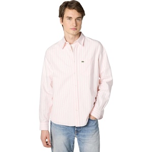 Lacoste Men’s Regular Fit Striped Oxford Shirt(White/Flamingo Oxford)