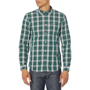 Lacoste Men’s Slim Fit Checkered Stretch Cotton Poplin Shirt(Sinople/Hammam)