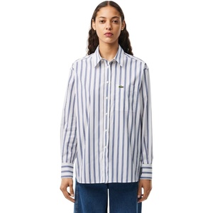 Lacoste Women’s Core Collection Oversized Fit Long Sleeve Solid Shirt(Flour/Navy Blue/Lazuli)