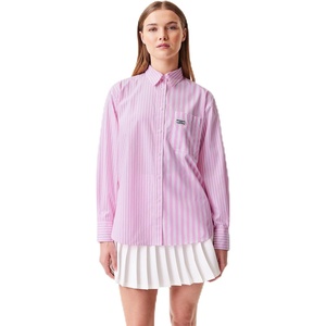 Lacoste x Bandier Women’s Cotton Striped Regular Fit Button Down Shirt(Pink/White)